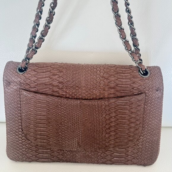 AUTHENTIC CHANEL 11A EXOTIC PYTHON JUMBO CLASSIC DOUBLE FLAP BAG BROWN - Picture 4 of 13